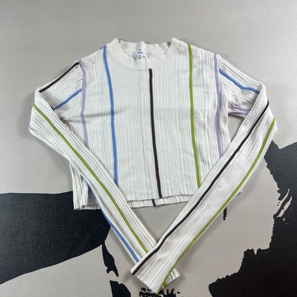Garage White Ribbed Crop Top with Stripes